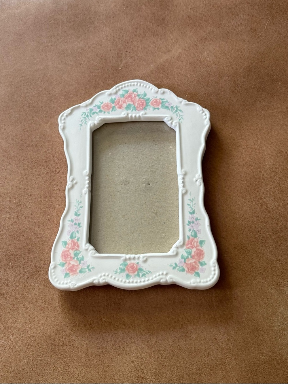 Vintage Ceramic Floral Pic Frame White Pink Green Tabletop Coquette Cottagecore